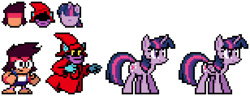 Size: 616x236 | Tagged: safe, artist:dimpsuu, twilight sparkle, alicorn, pony, unicorn, g4, crossover, female, he-man and the masters of the universe, mare, ok ko let's be heroes, orko, pixel art, sprite, twilight sparkle (alicorn)