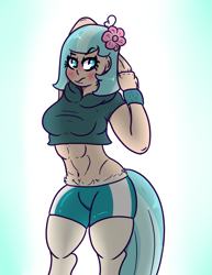 Size: 771x1000 | Tagged: safe, artist:lazerblues, oc, oc only, oc:cici, satyr, abs, blushing, female, flower, flower in hair, muscles, muscular female, offspring, parent:coco pommel, solo