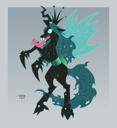 Size: 732x800 | Tagged: safe, alternate version, artist:goblinspell, queen chrysalis, changeling, changeling queen, g4, colored, crown, female, jewelry, rearing, regalia, signature, solo, tongue out