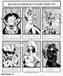 Size: 2300x2758 | Tagged: safe, artist:goblinspell, queen chrysalis, bird, changeling, changeling queen, duck, human, anthro, g4, clothes, count duckula, crossover, female, grayscale, hat, high res, monochrome, six fanarts, sun hat, twilog