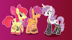 Size: 3080x1732 | Tagged: safe, artist:n0kkun, apple bloom, scootaloo, sweetie belle, earth pony, pegasus, pony, unicorn, g4, alternate hairstyle, apple bloom's bow, bow, commission, cutie mark crusaders, ear piercing, earring, eye scar, eyebrow piercing, eyeshadow, female, gradient background, hair bow, headcanon, horn, horn ring, jewelry, lip piercing, lipstick, makeup, male, mare, older, older apple bloom, older cmc, older scootaloo, older sweetie belle, piercing, raised hoof, ring, scar, scooteroll, spiked wristband, stallion, stubble, tattoo, trans male, transgender, trio, unshorn fetlocks, wing piercing, wristband