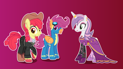 Size: 3080x1732 | Tagged: safe, artist:n0kkun, apple bloom, scootaloo, sweetie belle, earth pony, pegasus, pony, unicorn, g4, alternate hairstyle, belt, boots, clothes, commission, cowboy boots, cowboy hat, cutie mark crusaders, dress, ear piercing, earring, eye scar, eyeshadow, female, gloves, goggles, gradient background, hat, headcanon, hoof shoes, horn, horn ring, jeans, jewelry, lip piercing, lipstick, makeup, male, mare, older, older apple bloom, older cmc, older scootaloo, older sweetie belle, pants, piercing, raised hoof, ring, scar, scooteroll, shirt, shoes, skirt, socks, stallion, stockings, stubble, suit, tattoo, thigh highs, trans male, transgender, trio, uniform, unshorn fetlocks, wing piercing, wonderbolts, wonderbolts uniform