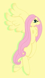 Size: 1024x1757 | Tagged: safe, artist:lolitablue, fluttershy, pegasus, anthro, unguligrade anthro, g4, female, hair over one eye, simple background, solo, yellow background
