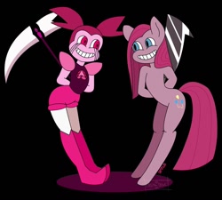 Size: 1024x923 | Tagged: safe, alternate version, artist:lolitablue, pinkie pie, earth pony, gem (race), semi-anthro, g4, black background, crossover, duo, duo female, female, gem, gem rejuvenator, grin, knife, mare, pink, pinkamena diane pie, signature, simple background, smiling, spinel, spinel (steven universe), spoilers for another series, steven universe, steven universe: the movie, this will end in death, weapon