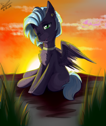 Size: 1280x1520 | Tagged: safe, artist:yuris, oc, oc only, pegasus, pony, rock, solo, sunset