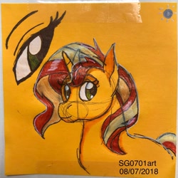 Size: 1080x1080 | Tagged: safe, artist:stargazerseven, sunset shimmer, pony, unicorn, g4, bust, female, mare, solo, traditional art