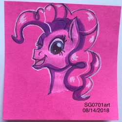 Size: 1080x1080 | Tagged: safe, artist:stargazerseven, pinkie pie, earth pony, pony, g4, bust, eyelashes, female, mare, one eye closed, open mouth, smiling, solo, traditional art, wink