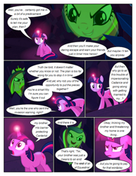 Size: 612x792 | Tagged: safe, artist:newbiespud, edit, edited screencap, screencap, queen chrysalis, twilight sparkle, alicorn, pony, unicorn, comic:friendship is dragons, a canterlot wedding, g4, cave, comic, crystal, dialogue, disguise, disguised changeling, fake cadance, female, glowing horn, horn, male, mare, reflection, screencap comic, stallion, unicorn twilight