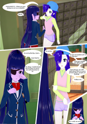 Size: 2971x4200 | Tagged: safe, artist:legions20, rarity, twilight sparkle, comic:closet adventures, equestria girls, g4, 3d, alternate hairstyle, clothes, crying, cute, disguise, eyepatch, eyepatch (disguise), female, koikatsu, lesbian, plainity, sad, school uniform, ship:rarilight, shipping