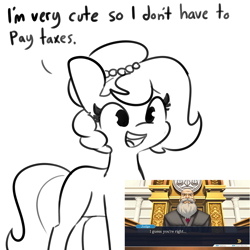 Size: 1024x1024 | Tagged: safe, artist:tjpones edits, edit, oc, oc only, oc:brownie bun, earth pony, pony, horse wife, ace attorney, cute, female, horse taxes, judge, mare, monochrome, ocbetes, open mouth, simple background, smiling, solo, tax evasion, taxes, this will end in jail time, white background