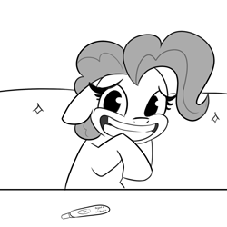 Size: 1800x1800 | Tagged: safe, artist:tjpones, pinkie pie, earth pony, pony, g4, the saddle row review, awkward smile, big smile, cute, diapinkes, embarrassed, female, floppy ears, grayscale, looking at you, mare, monochrome, preggy pie, pregnancy test, pregnant, simple background, smiling, solo, white background