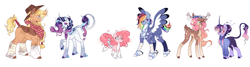 Size: 4100x1100 | Tagged: safe, artist:purplesound, artist:soundwavepie, applejack, fluttershy, pinkie pie, rainbow dash, rarity, twilight sparkle, alicorn, classical unicorn, deer, earth pony, pegasus, pony, unicorn, g4, bandaid, bandaid on nose, bandana, clothes, cloven hooves, coat markings, colored hooves, cowboy hat, curved horn, deerified, doe, ear piercing, earring, female, flower, flower in hair, flutterdeer, glasses, hat, horn, jewelry, leonine tail, looking at you, mane six, mare, one eye closed, pegasus pinkie pie, physique difference, piercing, race swap, redesign, scar, simple background, smiling, smol, smolpie, socks (coat markings), species swap, sweater, tail wrap, tallerdash, unicorn twilight, unshorn fetlocks, white background, wink