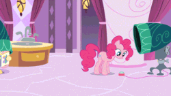 Size: 640x360 | Tagged: safe, screencap, pinkie pie, earth pony, pony, g4, season 1, the best night ever, animated, faic, female, hair dryer, majestic as fuck, mare, pinkie being pinkie, silly, silly pony, solo