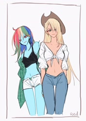 Size: 1448x2048 | Tagged: safe, artist:ried, applejack, rainbow dash, human, equestria girls, alternate hairstyle, appledash, applejack's hat, belly button, blonde hair, blue skin, breasts, cleavage, clothes, confident, cowboy hat, cowgirl, denim shorts, duo, duo female, exposed belly, female, flannel shirt, front knot midriff, green eyes, happy, hat, holding hands, human coloration, humanized, jeans, lesbian, looking at you, loose hair, midriff, multicolored hair, off the shoulder, pants, pink eyes, pony coloring, rainbow hair, shipping, shirt, shorts, smiling, smiling at you, tanktop, tomboy, unbuttoned, watermark