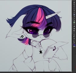Size: 967x933 | Tagged: safe, artist:shenki, twilight sparkle, alicorn, pony, g4, accessory, ear piercing, earring, glasses, jewelry, looking down, notepad, piercing, solo, twilight sparkle (alicorn), wip