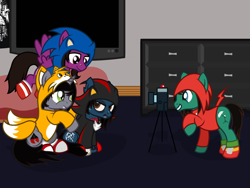 Size: 1600x1200 | Tagged: safe, artist:toyminator900, earth pony, pegasus, pony, undead, unicorn, zombie, zombie pony, annoyed, bags under eyes, bed, bone, bring me the horizon, brothers, camera, clothes, commission, costume, disguise, disguised siren, dresser, fangs, grin, group, halloween, halloween costume, hoodie, horn, kellin quinn, knuckles the echidna, lip piercing, male, miles "tails" prower, nose piercing, oliver sykes, pierce the veil, piercing, ponified, poster, raised hoof, shadow the hedgehog, siblings, sitting, sleeping with sirens, slit pupils, smiling, socks, sonic the hedgehog, sonic the hedgehog (series), stallion, tattoo, television, tom sykes, tripod, vic fuentes