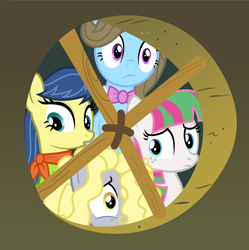 Size: 6095x6108 | Tagged: safe, artist:punzil504, derpibooru exclusive, beauty brass, blossomforth, derpy hooves, fiddlesticks, earth pony, pegasus, pony, mlp fim's tenth anniversary, bridle gossip, g4, 10, alternate universe, apple family member, background pony, bowtie, character swap, female, freckles, hair over one eye, hairiderpy, hairpy hooves, happy birthday mlp:fim, kerchief, mare, messy mane, missing accessory, palette swap, poison joke, reaction image, recolor, shrunken pupils, zecora's hut