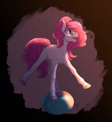Size: 1920x2087 | Tagged: safe, artist:yarugreat, pinkie pie, earth pony, pony, g4, balancing, ball, female, missing cutie mark, simple background, smiling, solo, standing on two hooves