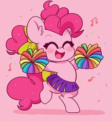 Size: 3400x3700 | Tagged: safe, artist:kittyrosie, pinkie pie, earth pony, pony, g4, bipedal, cheerleader, cheerleader outfit, cheerleader pinkie, chibi, clothes, cute, diapinkes, digital art, eyes closed, female, high res, kittyrosie is trying to murder us, open mouth, pink background, pom pom, simple background, skirt, smiling, solo
