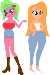 Size: 380x570 | Tagged: safe, artist:sturk-fontaine, oc, oc only, oc:melon kiss, oc:peach blossom, equestria girls, g4, base used, big breasts, breasts, duo, duo female, female, huge breasts, impossibly wide hips, simple background, white background, wide hips