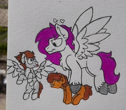 Size: 2455x2151 | Tagged: safe, artist:drheartdoodles, oc, oc only, oc:dr.heart, oc:floofy, oc:vince, earth pony, pegasus, pony, :p, carrying pony, color, flying, high res, looking at each other, size difference, smiling, tongue out, traditional art