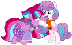 Size: 1604x1009 | Tagged: safe, artist:徐詩珮, princess flurry heart, oc, oc:bubble sparkle, pony, bubbleverse, series:sprglitemplight diary, series:sprglitemplight life jacket days, series:springshadowdrops diary, series:springshadowdrops life jacket days, g4, alternate universe, base used, clothes, cousins, female, magical lesbian spawn, magical threesome spawn, multiple parents, next generation, offspring, older, older flurry heart, parent:glitter drops, parent:spring rain, parent:tempest shadow, parent:twilight sparkle, parents:glittershadow, parents:sprglitemplight, parents:springdrops, parents:springshadow, parents:springshadowdrops, simple background, transparent background