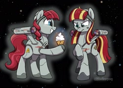 Size: 2048x1461 | Tagged: safe, artist:aanotherpony, oc, oc only, oc:starship constellation, oc:starship enterprise, object pony, original species, pony, spaceship ponies, are you serious, duo, female, food, ice cream, ice cream cone, mare, nose wrinkle, ponified, screaming internally, simple background, space, spaceship, star trek, star trek (tos), text, the doomsday machine, uss constellation, uss enterprise, warp nacelles