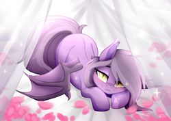 Size: 3465x2454 | Tagged: source needed, safe, alternate character, alternate version, artist:sparkling_light base, oc, oc only, oc:nebula eclipse, bat pony, pony, bed, blushing, female, flower, high res, looking at you, solo