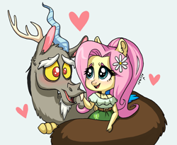 Size: 2048x1680 | Tagged: safe, artist:ameliacostanza, discord, fluttershy, draconequus, anthro, g4, chibi, female, gray background, heart, male, ship:discoshy, shipping, simple background, straight