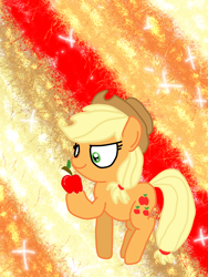 Size: 1080x1440 | Tagged: safe, artist:crossovercartoons, applejack, earth pony, pony, g4, abstract background, aj day, apple, applejack's hat, cowboy hat, cute, food, hat, looking down, obligatory apple, solo, sparkles