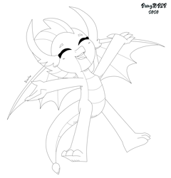 Size: 2400x2500 | Tagged: safe, artist:biocrine, smolder, dragon, g4, arms wide open, bronytober, dragoness, eyes closed, female, high res, monochrome, open mouth, simple background, sketch, solo, white background