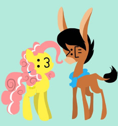 Size: 639x682 | Tagged: safe, artist:miss-zi-zi, oc, oc:ascot, oc:cream cheese, donkey, earth pony, pony, :3, >:[=, annoyed, ascot, blue background, duo, female, male, mare, offspring, parent:cheese sandwich, parent:cranky doodle donkey, parent:matilda, parent:pinkie pie, parents:cheesepie, parents:crankilda, simple background