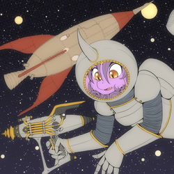Size: 2000x2000 | Tagged: safe, artist:st. oni, oc, oc only, oc:nebula eclipse, anthro, high res, raygun, rocket, space, spacesuit, stars