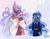 Size: 1280x1006 | Tagged: safe, artist:hoaxghost, princess celestia, princess luna, human, g4, alternate hairstyle, breasts, busty princess celestia, clothes, crown, dark skin, dress, duo, ear piercing, earring, female, gloves, humanized, jewelry, necklace, piercing, regalia, ring, royal sisters, shirt, sisters, suit