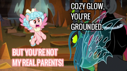 Size: 1920x1080 | Tagged: safe, edit, edited screencap, screencap, cozy glow, lord tirek, queen chrysalis, g4, the ending of the end, grounded, mommy chrissy, punishment, text