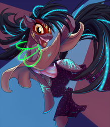 Size: 1595x1833 | Tagged: safe, artist:kalemon, oc, oc only, oc:whisper step, earth pony, pony, abstract background, clothes, dancing, drugs, face paint, glowstick, paint, poncho, smiling, solo, space horse rpg, tongue out