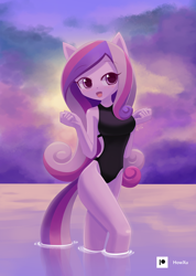 Size: 1000x1407 | Tagged: safe, artist:howxu, princess cadance, anthro, g4, breasts, busty princess cadance, clothes, cloud, female, one-piece swimsuit, open mouth, patreon, patreon logo, solo, standing in water, swimsuit, water, wingless, wingless anthro