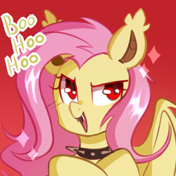 Size: 1000x1000 | Tagged: safe, artist:thieftea, fluttershy, bat pony, pony, g4, bat ponified, boo hoo, collar, female, flutterbat, mare, race swap, red background, simple background, solo, spiked collar