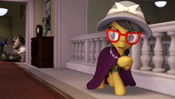 Size: 3840x2160 | Tagged: safe, artist:seriff-pilcrow, a.k. yearling, daring do, doctor caballeron, changeling, earth pony, pegasus, pony, g4, 3d, casino, cloak, clothes, female, hat, high res, knife, male, mare, radio, source filmmaker, stallion, walkie talkie