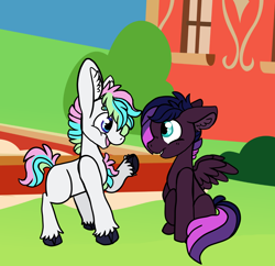 Size: 1392x1350 | Tagged: safe, artist:greyestgray, oc, oc only, oc:calvary troop, oc:matrix opal, earth pony, pegasus, pony, colt, magical lesbian spawn, male, offspring, parent:tempest shadow, parent:twilight sparkle, parents:tempestlight