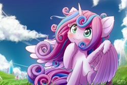 Size: 1800x1200 | Tagged: safe, artist:symbianl, princess flurry heart, alicorn, pony, g4, :3, blushing, cute, female, fluffy, flurrybetes, older, older flurry heart, scenery, sitting, smiling, solo, spread wings, windswept mane, wings