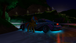 Size: 2560x1440 | Tagged: safe, artist:darky_wings, oc, oc only, oc:kaspar, pegasus, pony, car, city, commission, juice, juice box, mazda rx-7, mountain, neon, night, pegasus oc, stars, vehicle, wings