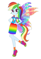 Size: 457x654 | Tagged: safe, artist:selenaede, artist:user15432, rainbow dash, fairy, human, equestria girls, g4, base used, clothes, colored wings, cutie mark, cutie mark on clothes, dress, element of loyalty, fairy wings, fairyized, gradient clothes, gradient wings, hand on hip, multicolored wings, pink shoes, ponied up, rainbow, rainbow dress, rainbow wings, shoes, simple background, sneakers, solo, transparent background, wings