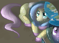 Size: 1082x797 | Tagged: dead source, safe, artist:elenaboosy, fluttershy, twilight sparkle, pony, unicorn, g4, astronaut, clothes, cropped, earth, flag, planet, reflection, solo focus, space, spacesuit, unicorn twilight