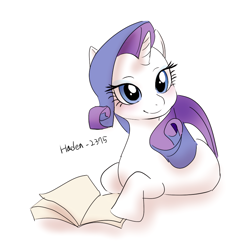 Size: 900x900 | Tagged: safe, artist:haden-2375, rarity, pony, unicorn, g4, blushing, book, cute, female, mare, raribetes, simple background, smiling, solo, white background