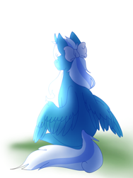 Size: 900x1200 | Tagged: safe, artist:lovelyeleanore, oc, oc only, oc:fleurbelle, alicorn, pony, alicorn oc, bow, female, grass, hair bow, horn, looking away, mare, solo, turning, wings