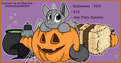 Size: 2148x1116 | Tagged: safe, artist:rokosmith26, pony, advertisement, bubble, chibi, commission, halloween, hat, hay, hay bale, holiday, pot, pumpkin, simple background, solo, spider web, tongue out, witch hat, your character here