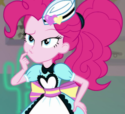 Size: 783x718 | Tagged: safe, screencap, pinkie pie, coinky-dink world, equestria girls, g4, my little pony equestria girls: summertime shorts, :3, apron, clothes, cropped, cute, diapinkes, finger on mouth, hmm, server pinkie pie, solo, thinking, waitress