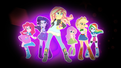 Size: 1920x1080 | Tagged: safe, screencap, applejack, fluttershy, pinkie pie, rainbow dash, rarity, sunset shimmer, equestria girls, g4, my little pony equestria girls: friendship games, balloon, boots, bracelet, clothes, cowboy boots, credits, female, high heel boots, humane five, jacket, jewelry, leather jacket, opening credits, pose, shoes, skirt, socks