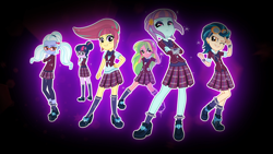 Size: 1920x1080 | Tagged: safe, screencap, indigo zap, lemon zest, sci-twi, sour sweet, sugarcoat, sunny flare, twilight sparkle, equestria girls, g4, my little pony equestria girls: friendship games, black background, clothes, credits, crossed arms, crystal prep academy, crystal prep academy uniform, crystal prep shadowbolts, opening credits, school uniform, shadow five, shadow six, simple background, skirt